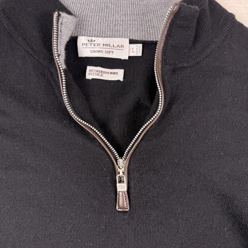 Peter Millar Crown 1/4 Zip Pullover Sweater Black Mens L Soft Merino Wool Silk - Picture 2 of 6
